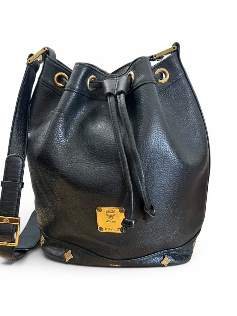 MCM Black Pebbled Leather Drawstring Bucket Shoulder Bag with Gold Hardware